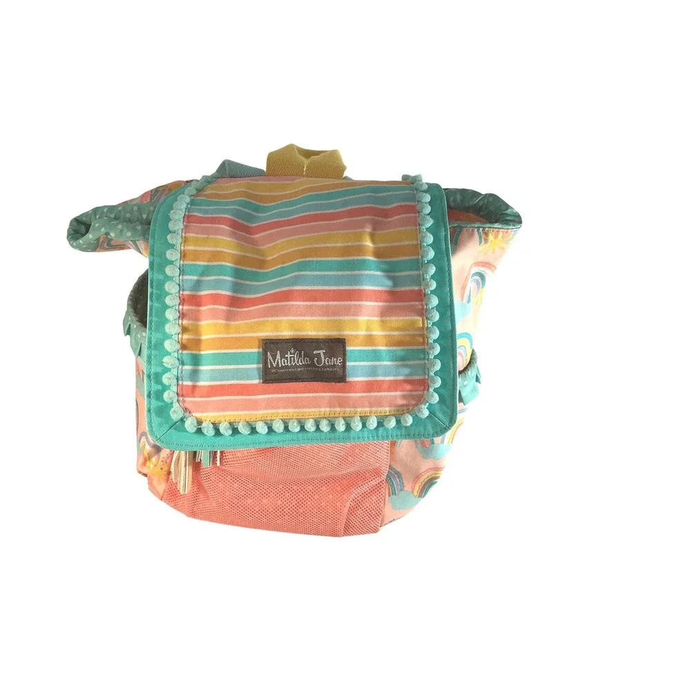 Matilda Jane Rainbow Sun Pink Teal Pom Pom Tassel‎ Drawstring Backpack Bag